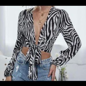 SHEIN zebra long sleeve tie top